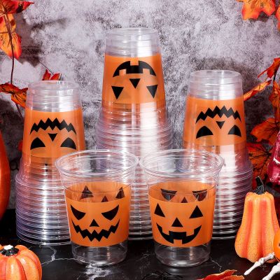 Meanplan 90 Pcs 12 oz Halloween Plastic Party Cups Disposable Clear Scary Printed Happy Halloween Cups for Liquor Coffee Juice and Hot Cold Drinks Party Supplies(Cute Style)