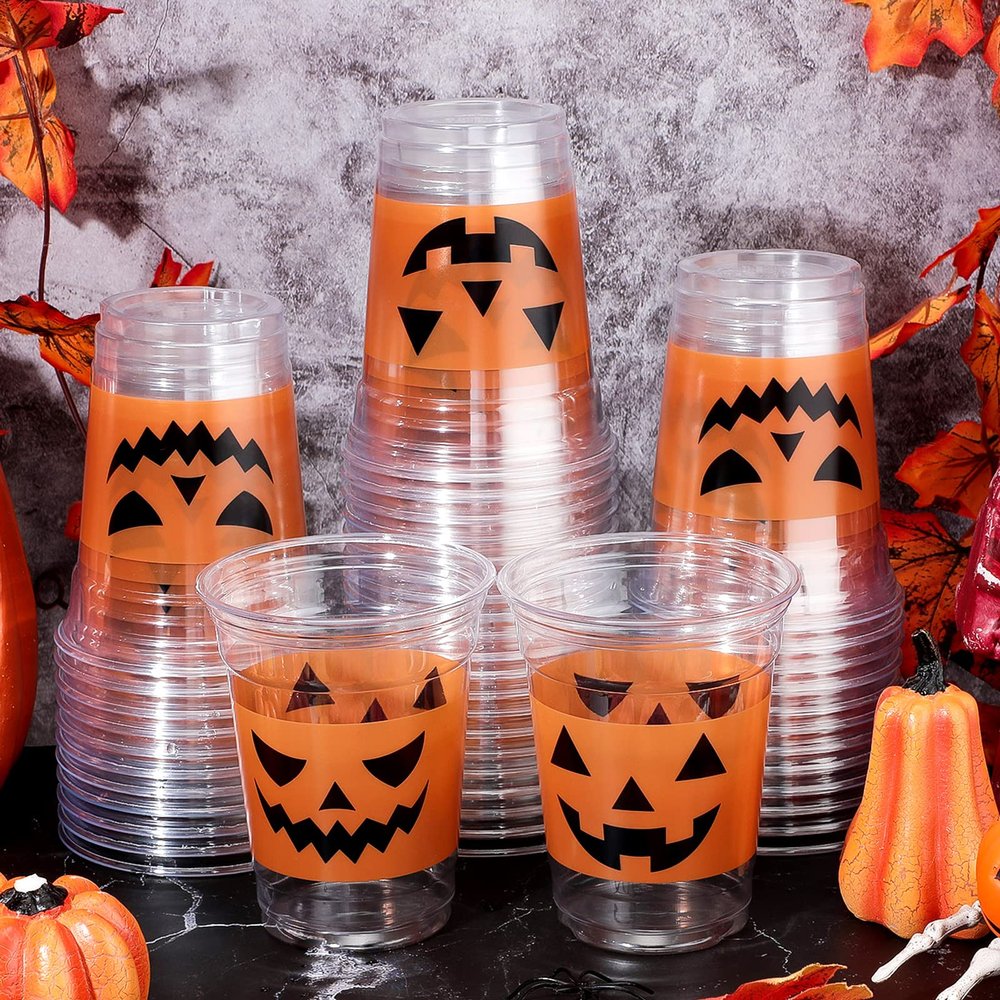 Meanplan 90 Pcs 12 oz Halloween Plastic Party Cups Disposable Clear Scary Printed Happy Halloween Cups for Liquor Coffee Juice and Hot Cold Drinks Party Supplies(Cute Style)
