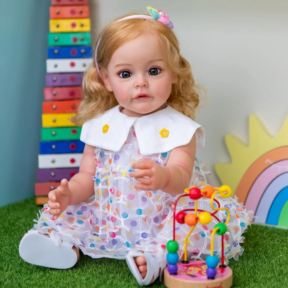 KAWAYII Toddler Full Body Reborn Baby Dolls Silicone Girl 22 Inch Soft Vinyl Handmade Realistic Newborn Baby Doll with Beautiful Dress