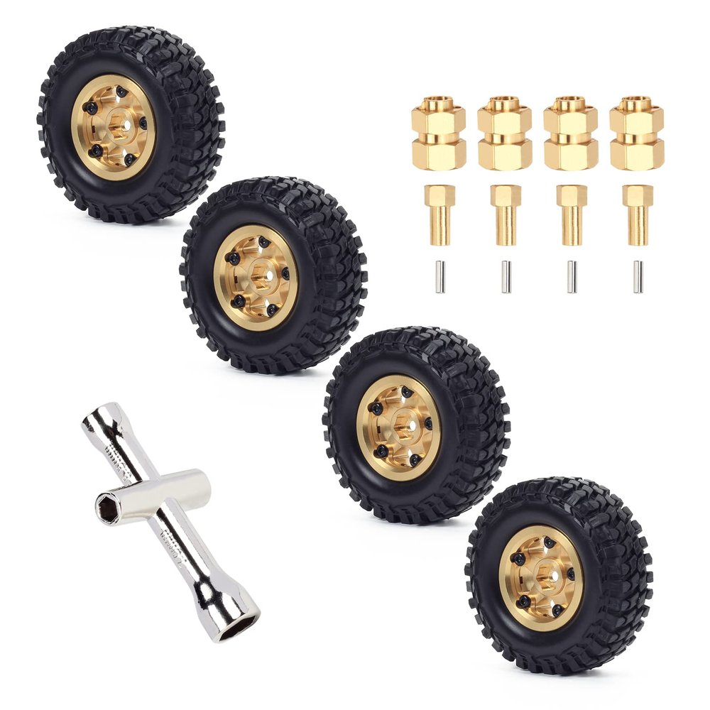 RCAWD Chromed Brass Wheel and Tire Glue Free Weights for Axial 1/24 SCX24 Upgrades Crawlers, 62G 1.0 inch RC Wheel & Tires Set, Parts for AXI90081 AXI00001 AXI00002 AXI00005 AXI00006 Yellow