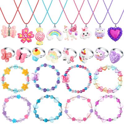 Sureio 24 Pcs Christmas Little Girl Jewelry Set Kids Unicorn Necklace Cute Woven Bracelet Ring for Pretend Dress up Party Favor (Floral Style)