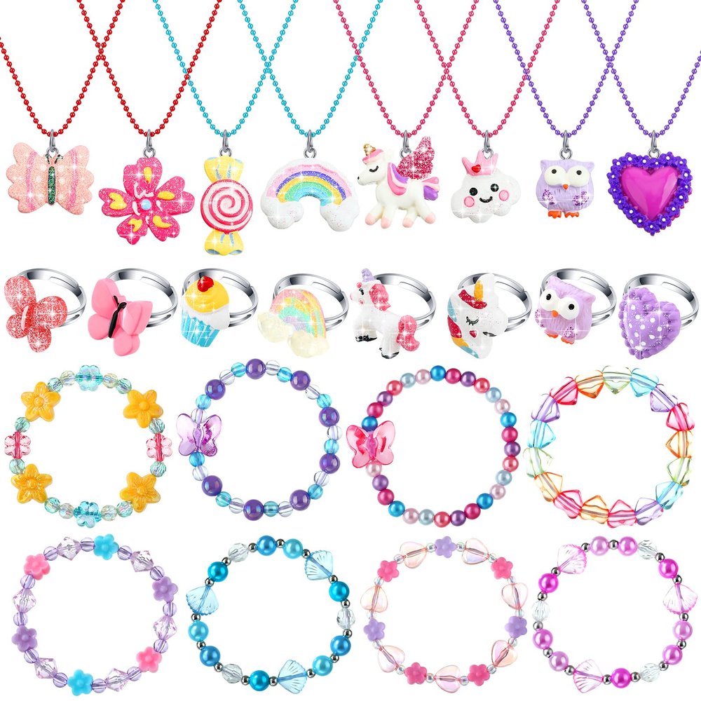 Sureio 24 Pcs Christmas Little Girl Jewelry Set Kids Unicorn Necklace Cute Woven Bracelet Ring for Pretend Dress up Party Favor (Floral Style)