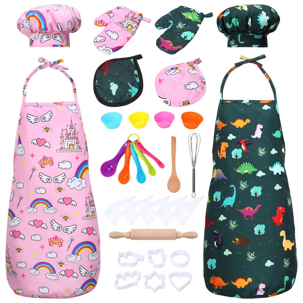 Kids Cooking and Baking Chef Set, 2 Pcs Apron (Pink Green) Chef Hat Accessories Complete Cooking Set, Dress Up Pretend Play Career Role Play Costume Toys Thanksgiving for Boys Girls