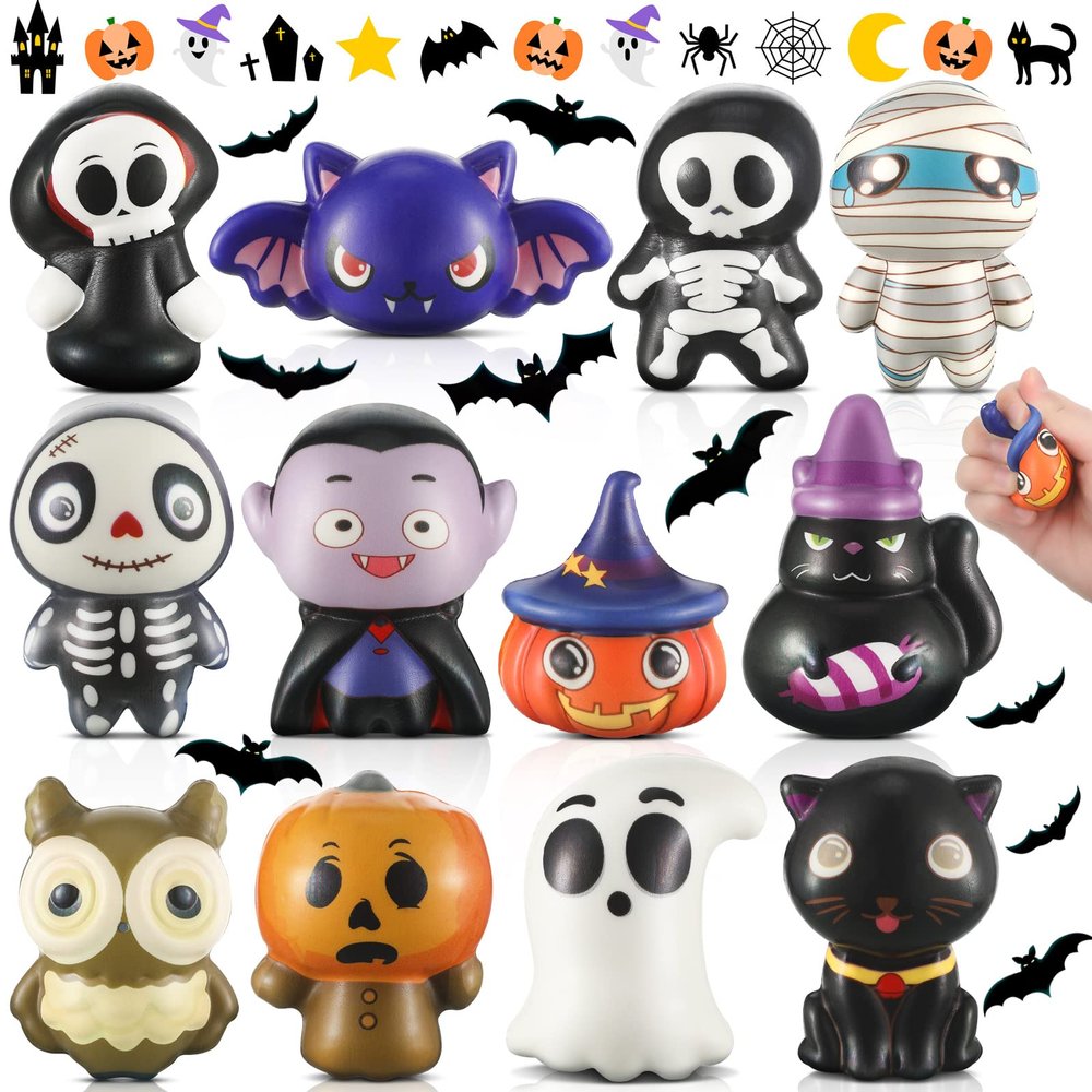 12 Pcs Halloween Toys Slow Rising Halloween Party Favors Pumpkin, Cat, Mummy, Vampire Soft Toy Teens Stress Relief Toys Game Treat Bags Fillers