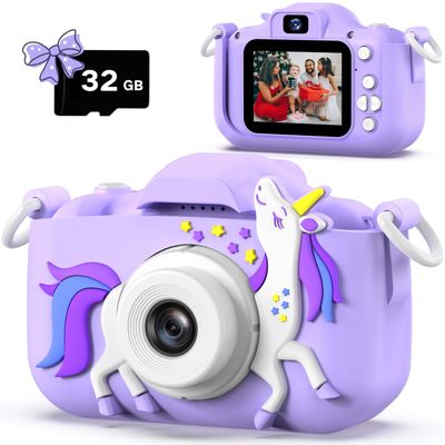 Dwfit Upgrade Selfie Kids Camera, Christmas Birthday Gifts for Boys Girls Age 3-12, HD Kids Digital Video Cameras for Toddler with Cartoon Soft Silicone Cover, Portable Toy for 3 4 5 6 7 8 Years Old