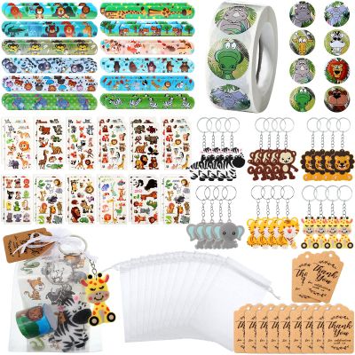 Fumete 121 Pcs Jungle Safari Party Favors Animals Theme Birthday Supplies with Slap Bracelets Keychains Temporary Animal Sticker Roll Bag Tag for Baby Shower Goodie Bag Fillers