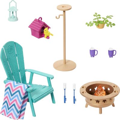 Barbie Furniture & Accessories Set, Doll House Dcor, 10+ Pieces for Backyard Patio with Chair, Firepit, Birdhouse, Bird & More