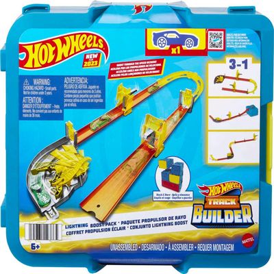 Hot Wheels Toy Car Track Set, Track Builder Playset Lightning Boost Pack & 1:64 Scale Vehicle, 12 Component Parts in Modular Storage Container