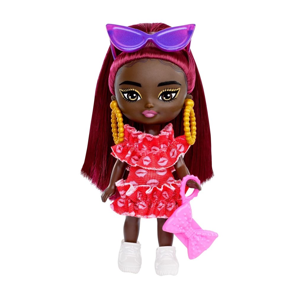 Barbie Extra Mini Minis Doll with Burgundy Hair, Red Ruffle Dress, Sunglasses & Accessories & Stand, 3.25-inch