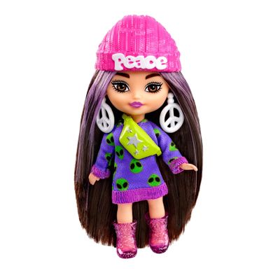 Barbie Extra Mini Minis Doll with Brunette Hair, Alien Sweater Dress & Peace Sign-Themed Accessories & Stand, 3.25-inch