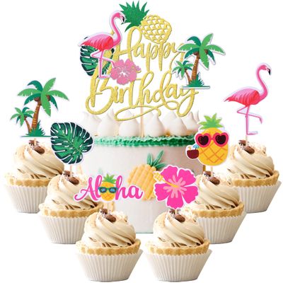 25 PCS Tropical Luau Cupcake Toppers with Happy Birthday Flamingo Cake Topper Palm Tree Flamingo Pineapple Aloha Cupcake Picks Decorations for Hawaiian Luau Theme Birthday Party Supplies