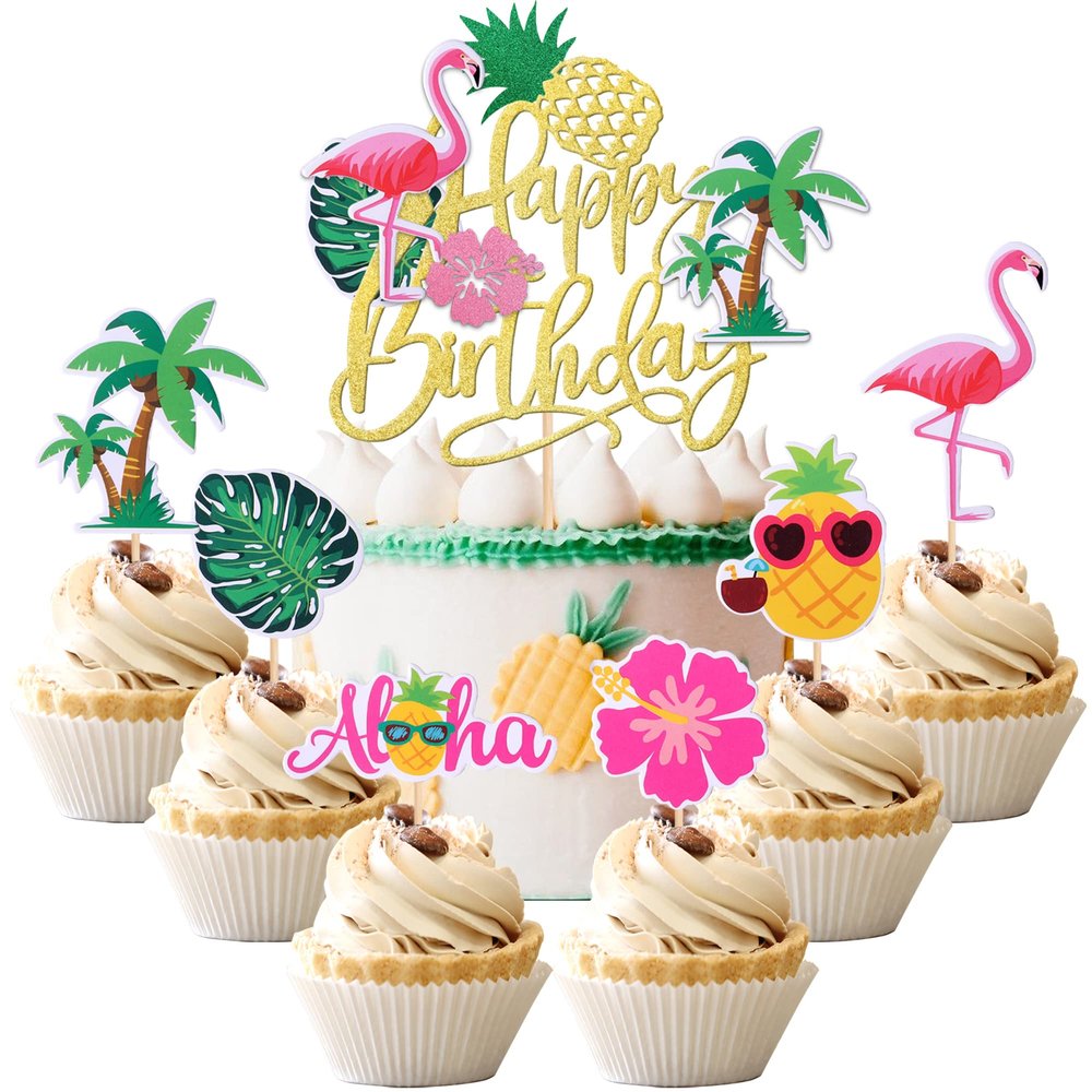 25 PCS Tropical Luau Cupcake Toppers with Happy Birthday Flamingo Cake Topper Palm Tree Flamingo Pineapple Aloha Cupcake Picks Decorations for Hawaiian Luau Theme Birthday Party Supplies