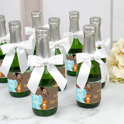 15ct Personalized Safari Baby Shower Bottle Label & White Bow Kit, Custom Adhesive Bottle Labels (15 Labels) - Wine and Champagne Bottle Labels - Jungle - Bows Included