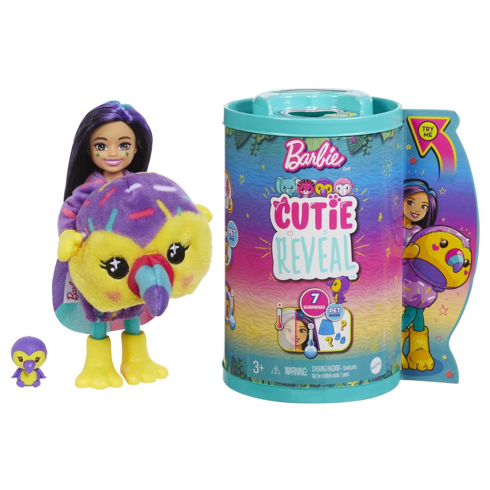 Barbie Cutie Reveal Chelsea Small Doll, Jungle Series Toucan Plush Costume, 7 Surprises Include Mini Pet & Color Change