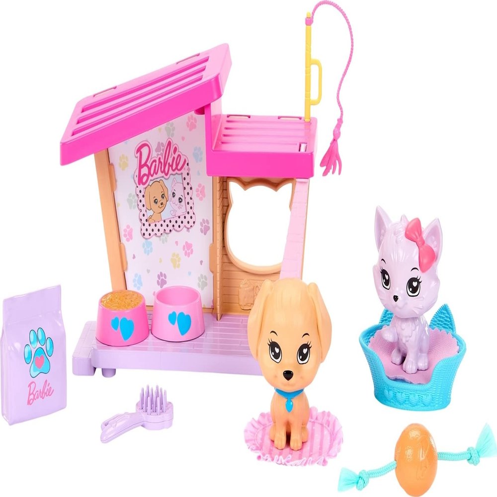 Barbie My First Barbie Accessories, Story Starter Pet Care Pack with Dog House, Puppy & Cat, Sized to Dolls in 13.5-inch Scale