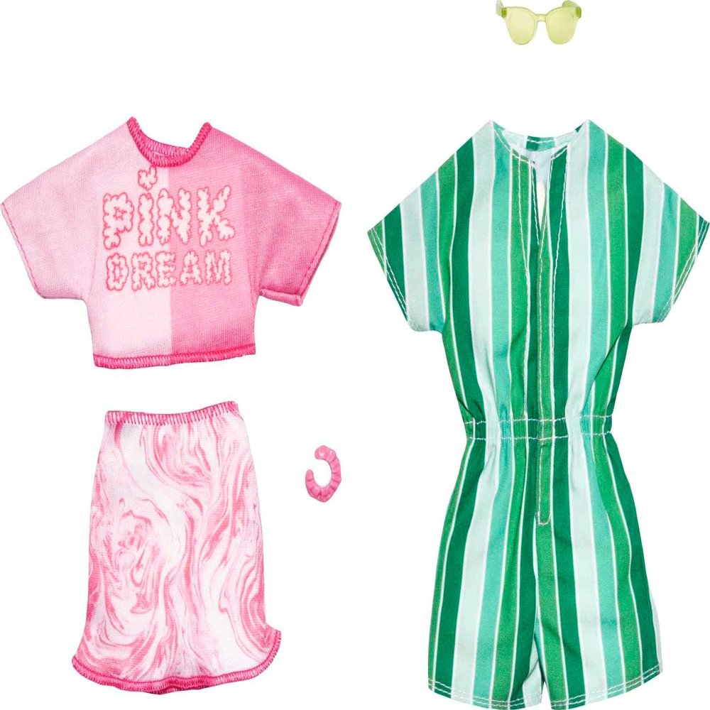 Barbie & Ken Fashions 2-Pack Clothing & Accessories Set, Pink Dream Top & Skirt with Bracelet for Barbie Doll & Striped Romper & Sunglasses for Ken Doll