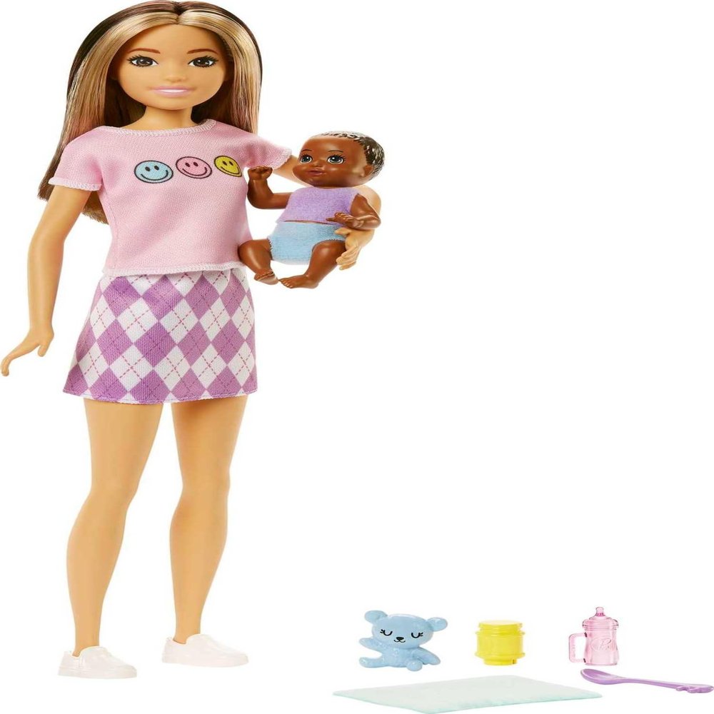 Barbie Dolls and Accessories, Skipper Doll (Two-Tone Hair) with Baby Figure and 5 Accessories, Babysitters Inc. Playset, Multicolor, HJY32
