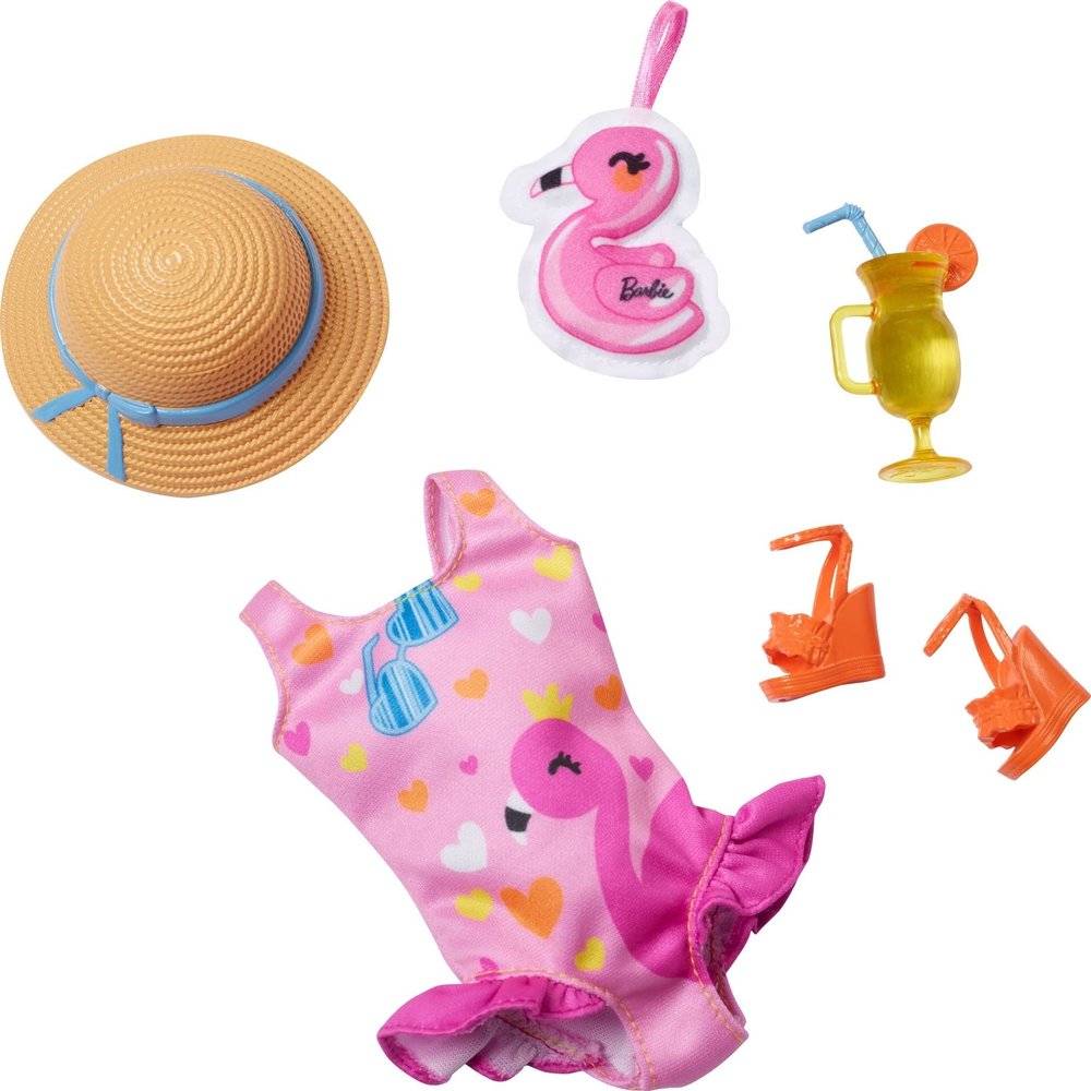 Barbie My First Barbie Clothes, Fashion Pack for 13.5-inch Preschool Dolls, Set withSwimsuit, Flamingo & Beach Accessories