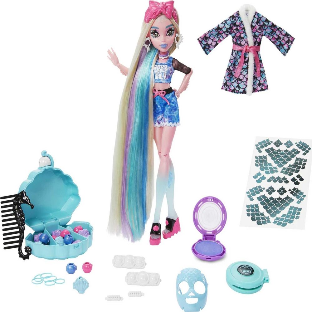 Monster High Doll, Lagoona Blue Spa Day with Wear & Share Accessories Including Hairstyling Clips, Hair Chalk & Tattoos