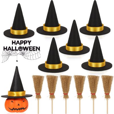 Cindeer 12 Pcs Christmas Mini Witch Hats Set 6 Mini Black Handmade Wine Bottle Hat Covers Decor 6 Witch Broom Miniature Artificial Wizard Witches Accessory for Christmas Table Decoration