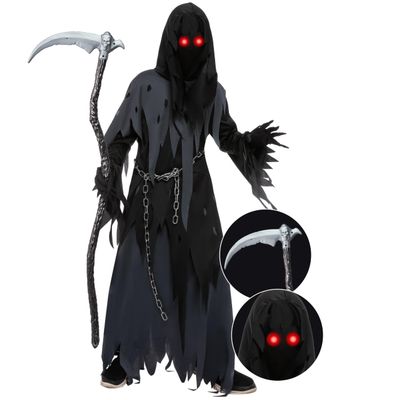 Spooktacular Creations Halloween Glowing Eyes Grim Reaper Costume for Kids, Dark Knight Reaper Phantom Costume for Halloween Dress Up-XL(12-14yr)