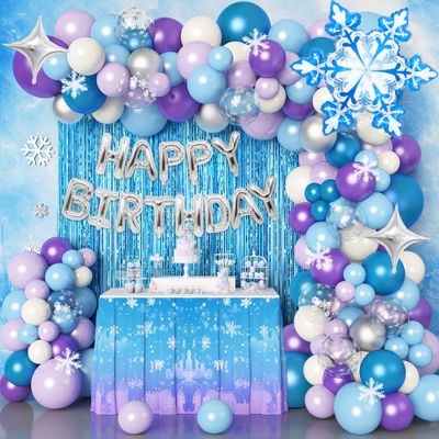 116Pcs Froozen Balloon Garland Arch Kit, Snowflake Blue Purple Confetti Balloons Fringe Curtain for Winter Wonderland Baby Shower Snow Princess Froozen Birthday Party Supplies Decorations