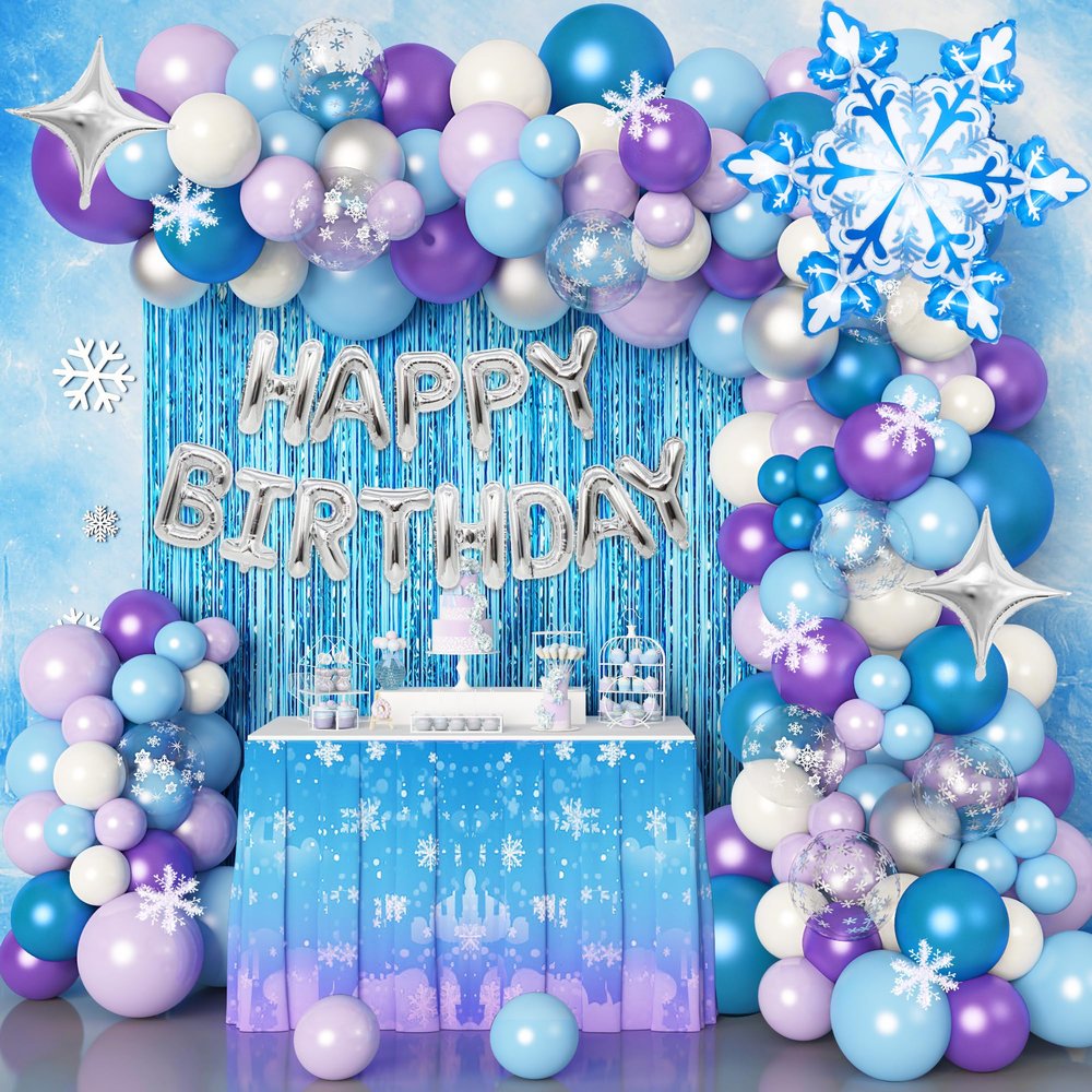 116Pcs Froozen Balloon Garland Arch Kit, Snowflake Blue Purple Confetti Balloons Fringe Curtain for Winter Wonderland Baby Shower Snow Princess Froozen Birthday Party Supplies Decorations