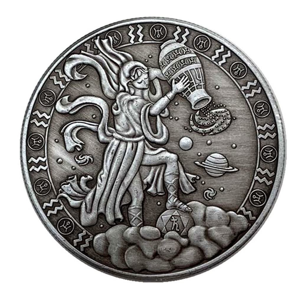 Creative Twelve Constellations Zodiac Coin Challenge Ancient Silver Commemorative Coins Home Decor Crafts Art Collection Gift (Aquarius)