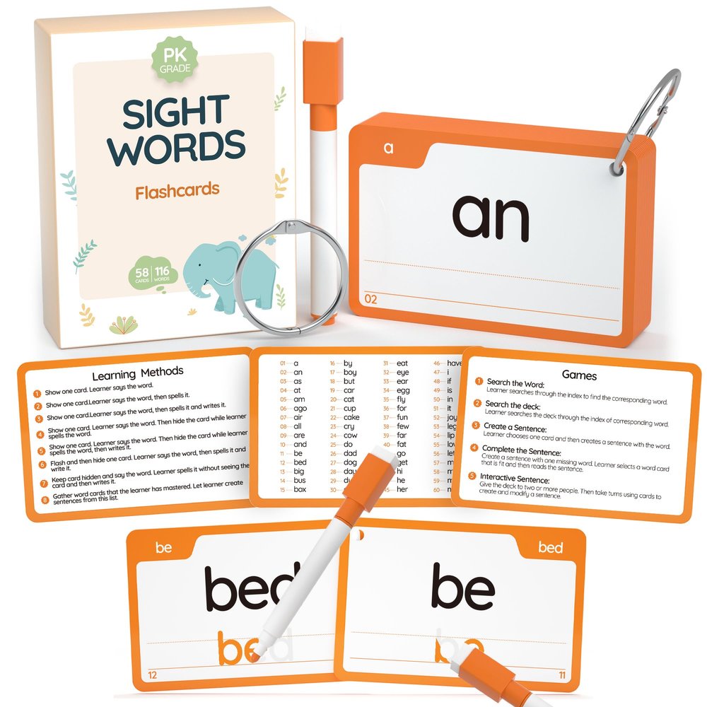 WJPC 58 Cards, 116PCS High Frequency Sight Words Flash Cards for (Pre-K, Pre-Kindergarten, Kindergarten, 4,5, 6Years Ages Kids Boys Girls Toddler Flash Cards for 4-6 Years.