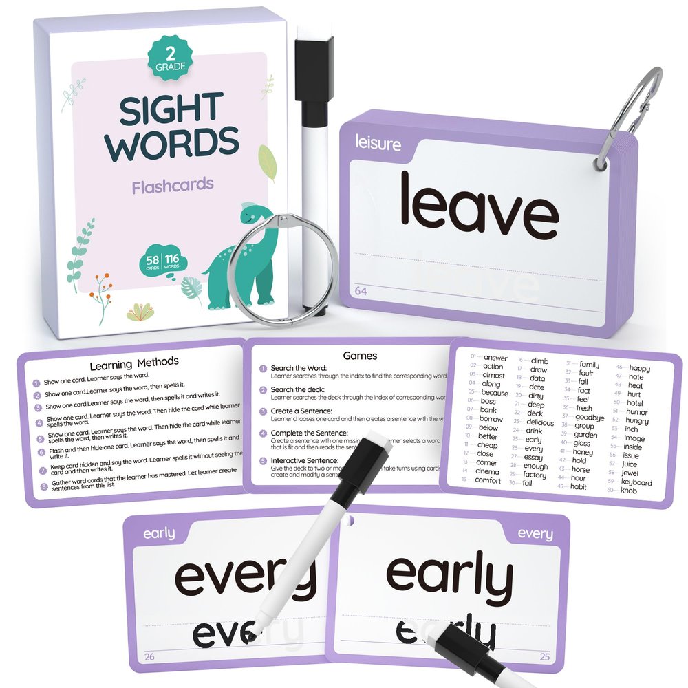 WJPC 58 Cards, 116PCS High Frequency Sight Words Flash Cards (Second-Grade), 1st, 2nd, 3rd Grade, 6,7,8,9 Years Ages Kids Boys Girls Homeschool Phonics Learning Cards to Read, Write.