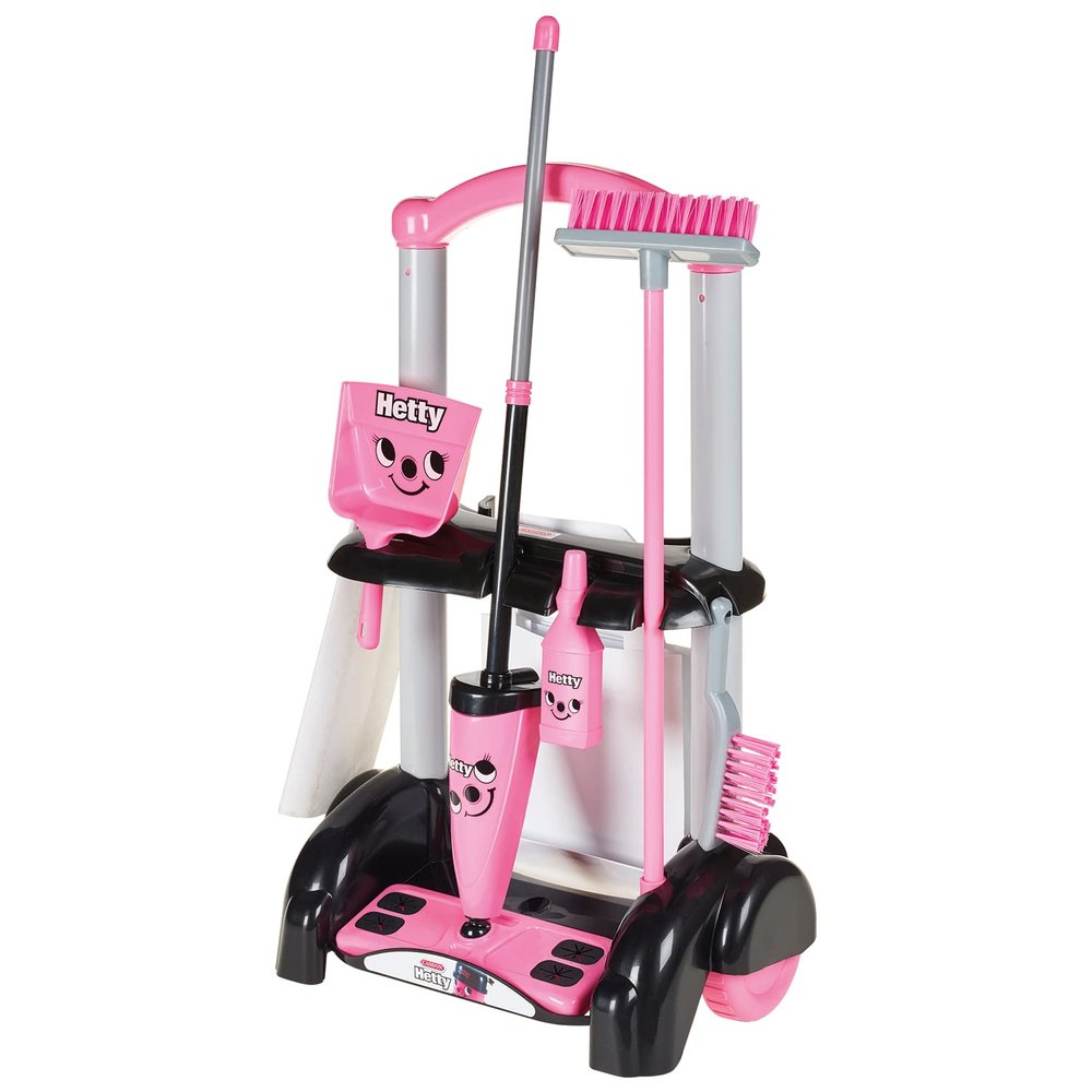 Casdon Henry & Hetty Toys - Hetty Cleaning Trolley - Pink Hetty-Inspired Toy Playset with Mop, Brushes, Dustpan, & Accessories - Kids Cleaning Trolley Set - For Children Aged 3+