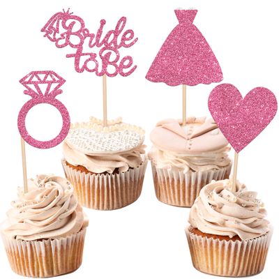 24 PCS Bride to Be Cupcake Toppers with Heart Ring Dress Bridal Shower Cupcake Picks for Wedding Engagement Bachelorette Party Cake Decorations Supplies Pink
