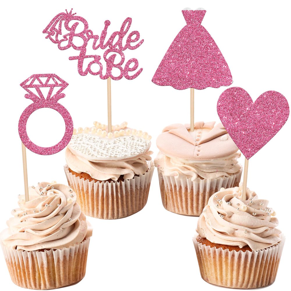 24 PCS Bride to Be Cupcake Toppers with Heart Ring Dress Bridal Shower Cupcake Picks for Wedding Engagement Bachelorette Party Cake Decorations Supplies Pink