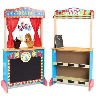 CHIUHEI Deluxe Wooden Puppet Theater with Curtains, Blackboard and Clock, Double-Sided Play Store 3-8Y & Kid Puppet Show Theater with 2 Hand Puppets and 4 Finger Puppets for Toddlers 3+