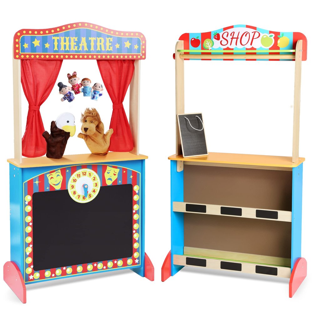 CHIUHEI Deluxe Wooden Puppet Theater with Curtains, Blackboard and Clock, Double-Sided Play Store 3-8Y & Kid Puppet Show Theater with 2 Hand Puppets and 4 Finger Puppets for Toddlers 3+