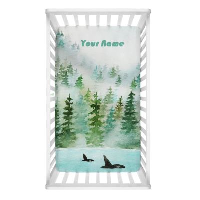 Personalized Crib Fitted Sheets with Name for Baby - Watercolor Forest Lakes - Customized Mattress Sheet for Standard Crib Size - Breathable Nursery Bedding Sheets for Girl & Boy