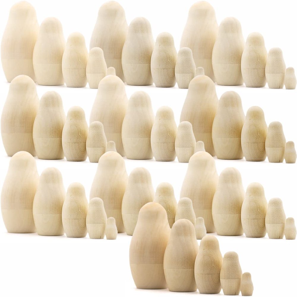 AEVVV Lot of 10 Set by 5 pcs Blank Wooden Nesting Dolls - Peg People for DIY Projects, Unfinished Wood Russian Matryoshka for Arts and Crafts