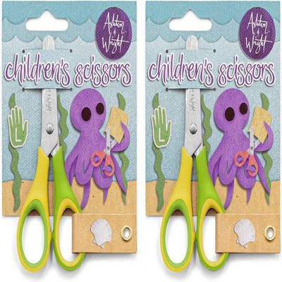Ashton and Wright - Children's - Kids Scissors Soft Grip - 5"/12cm (Pack of 2, Yellow, Green)