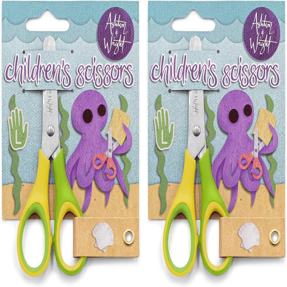Ashton and Wright - Children's - Kids Scissors Soft Grip - 5"/12cm (Pack of 2, Yellow, Green)