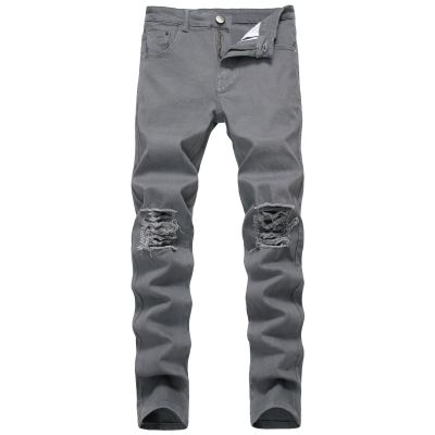 Men's Ripped Distressed Destroyed Jeans Stretch Vintage Hip Hop Jean with Holes Straight Leg Slim Fit Denim Pants (Dark Grey,32)