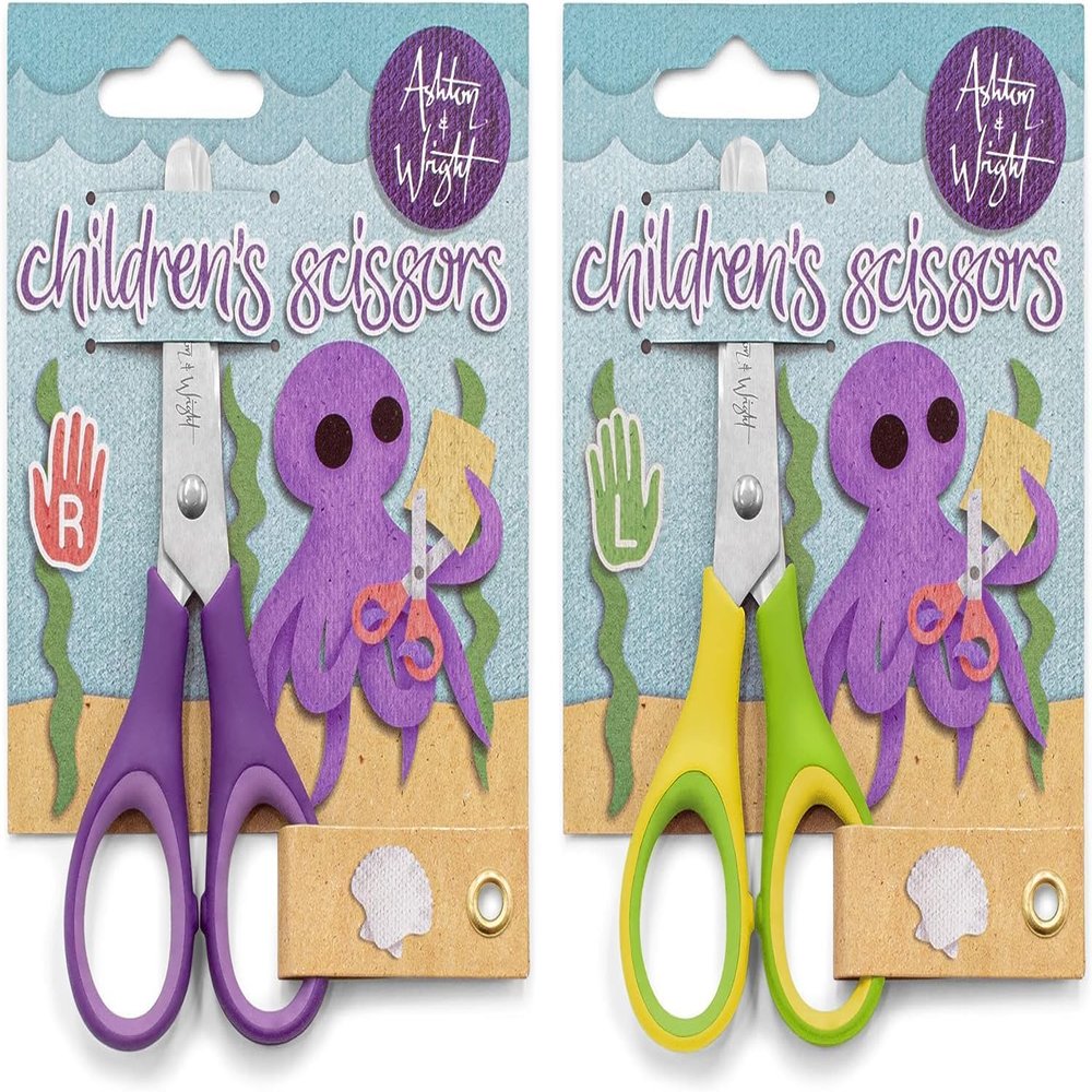 Ashton and Wright - Children's - Kids Scissors Soft Grip - 5"/12cm (Pack of 2, Purple, Yellow, Green)