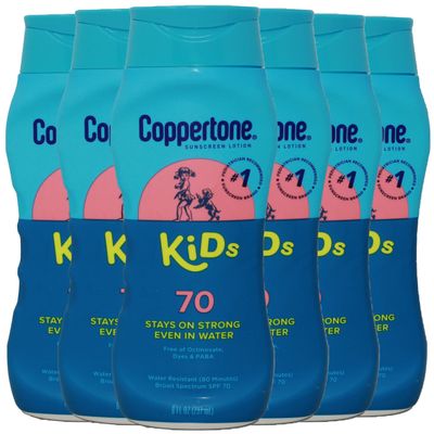 Coppertone Kids Sunscreen Lotion, SPF 70 Sunscreen for Kids, 1 Pediatrician Recommended Sunscreen Brand, Water Resistant Sunscreen SPF 70, 8 Fl Oz Bottle (Pack of 6)