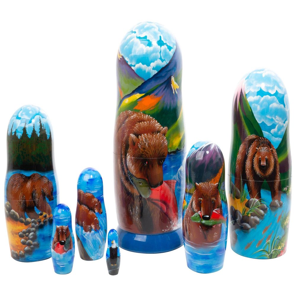 Golden Cockerel Brown Bear Fishing Nesting Doll 7pc./8"
