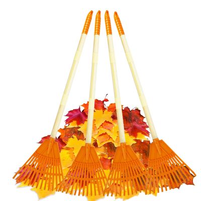 POMIKU Kids Rakes, 4 Pieces 31" Heavy Duty Lawn Tool for Leaves, Child Size, Plastic Head & Wooden Handle, Gardening Tools for Boys Girls Gifts Age 3 Year Old and Up