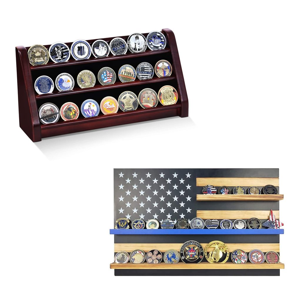 ASmileIndeep 3 Rows Challenge Coin Display Holder & Thin Blue Line American Flag Challenge Coin Display