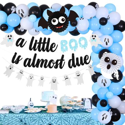 Halloween Baby Shower Party Decorations for Boys Blue A Little Boo is Almost Due Banner Garland Ghost and Bat Balloon for Halloween Pumpkin Baby Shower Pregnancy Celebration Gender Reveal
