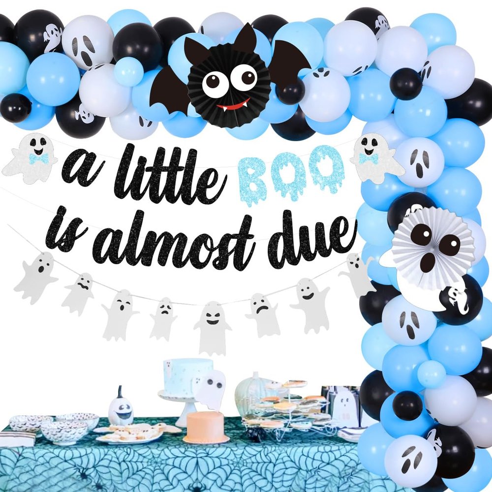 Halloween Baby Shower Party Decorations for Boys Blue A Little Boo is Almost Due Banner Garland Ghost and Bat Balloon for Halloween Pumpkin Baby Shower Pregnancy Celebration Gender Reveal