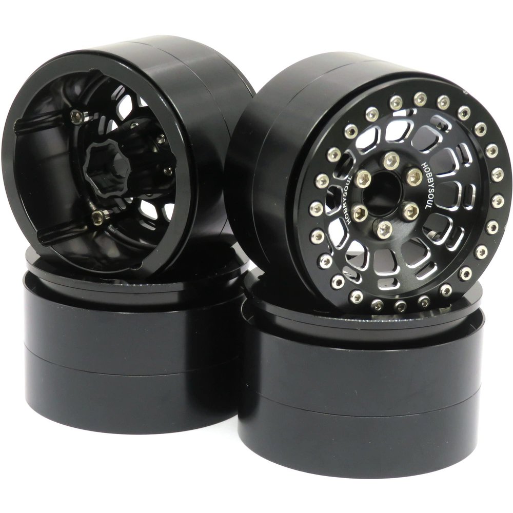 hobbysoul Alloy 2.2 Beadlock Wheels Black Rims, 2.2 Wheels Wide 1.57'' / 40mm for RC Crawler Axial SCX10 Capra Wraith/Traxxas AMG 6x6 TRX4 / Redcat Gen8 Everest gen 7 Pro, (4-Pack)