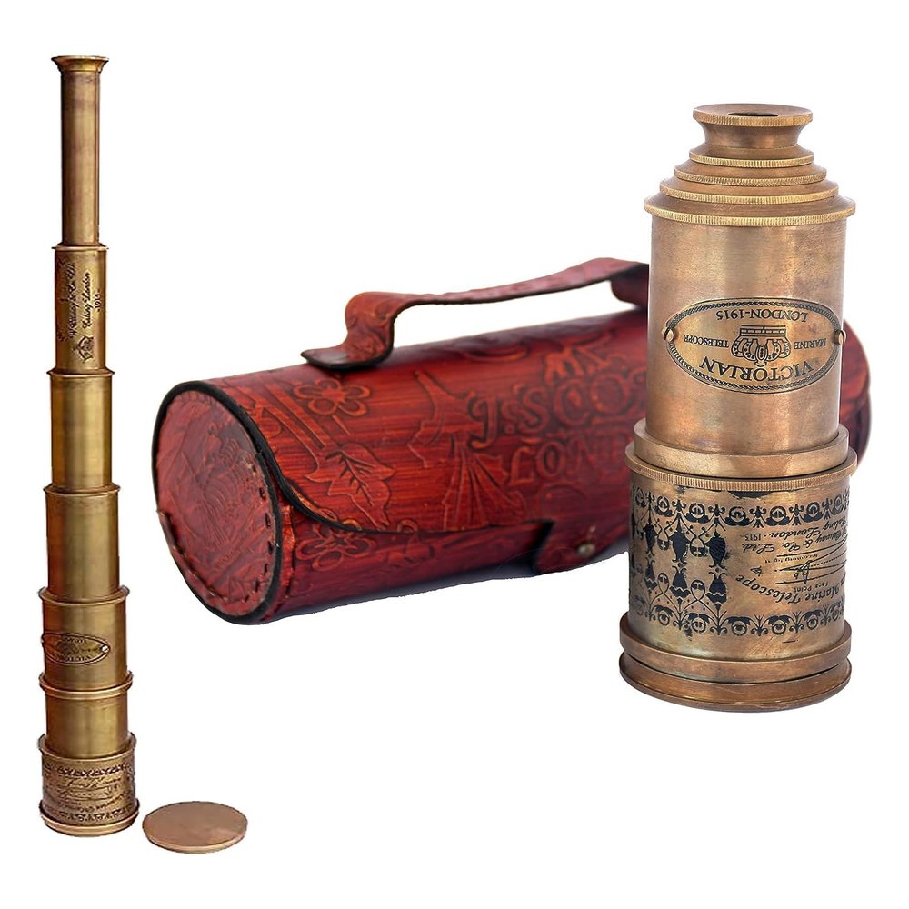 Brass Telescope Antique Telescope 1915 London Brass Maritime Vintage Nautical Spyglass Mounted Pirate with Leather Box, Monocular Nautical Decor for Gifting, Travellers