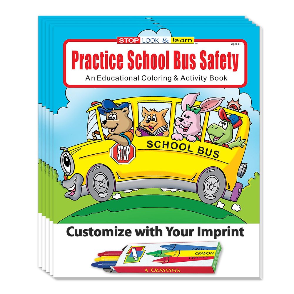 ZOCO School Bus Safety & Rules Custom Coloring & Activity Books (250 Bulk Pack, with Crayons) Bus Driver Gift & Handout for Kids Your Imprint on Front Cover